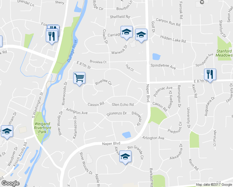 map of restaurants, bars, coffee shops, grocery stores, and more near 2218 Riverlea Circle in Naperville