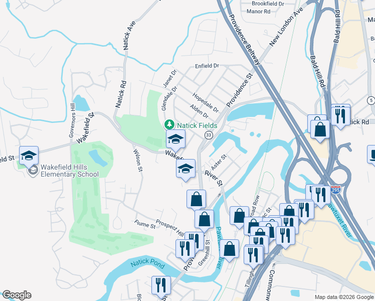 map of restaurants, bars, coffee shops, grocery stores, and more near 39 Intervale Road in West Warwick