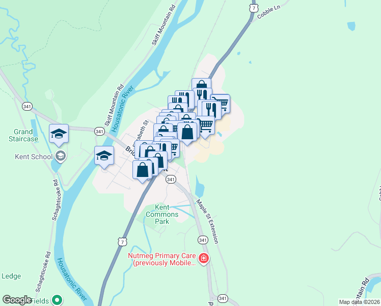 map of restaurants, bars, coffee shops, grocery stores, and more near 27 Railroad Street in Kent