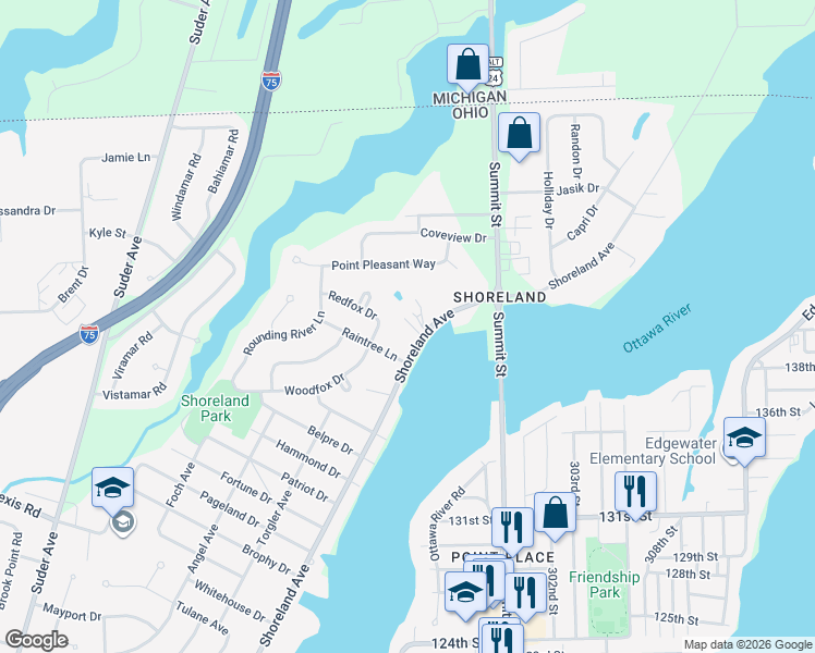 map of restaurants, bars, coffee shops, grocery stores, and more near 2677 Shoreland Avenue in Toledo