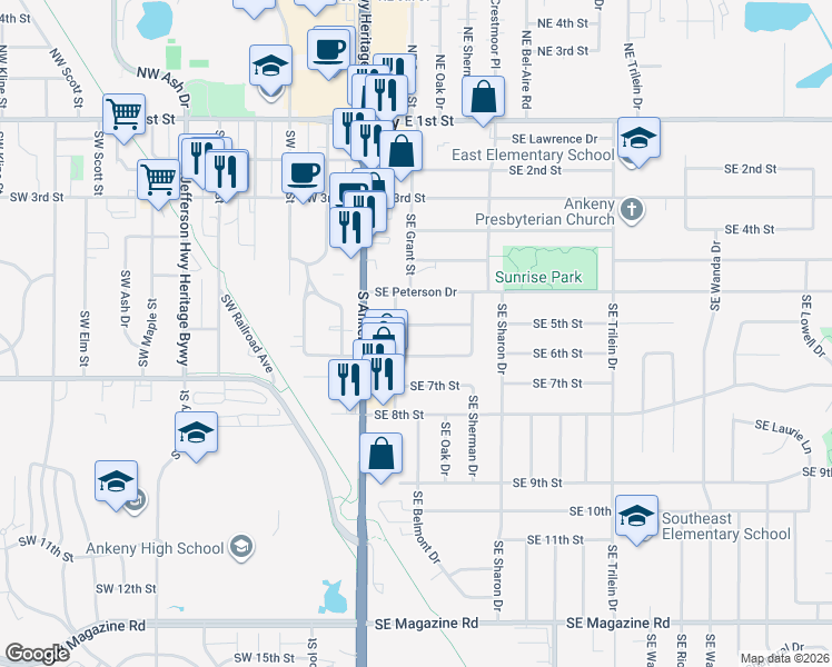 map of restaurants, bars, coffee shops, grocery stores, and more near 205 Southeast Park View Drive in Ankeny