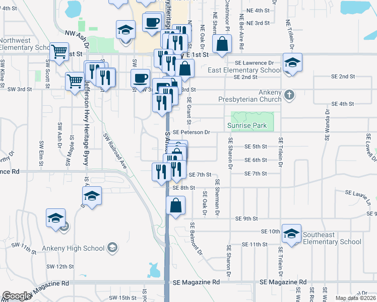 map of restaurants, bars, coffee shops, grocery stores, and more near 205 Southeast Park View Drive in Ankeny