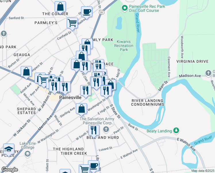 map of restaurants, bars, coffee shops, grocery stores, and more near 226 Joughlin Alley in Painesville