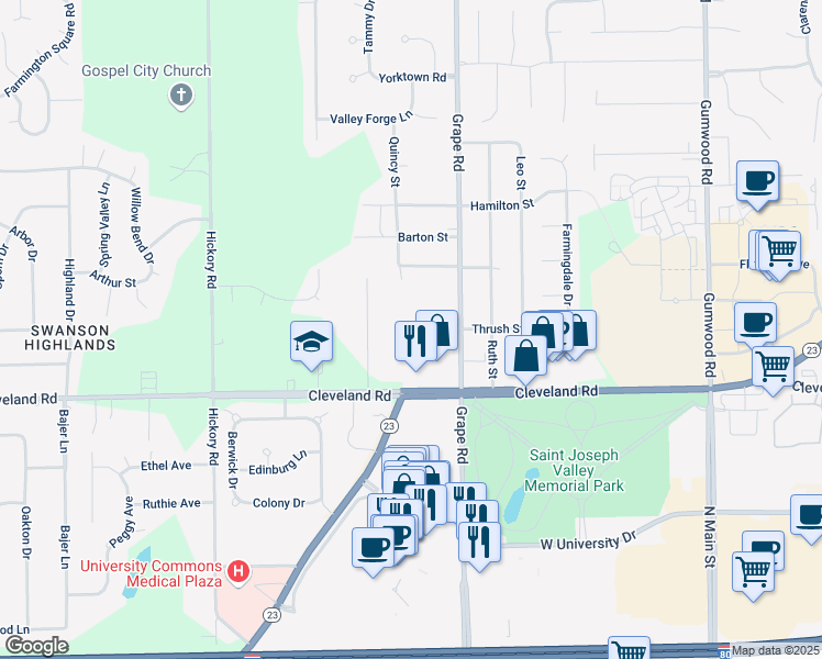 map of restaurants, bars, coffee shops, grocery stores, and more near 52700 Timberland Drive in Granger