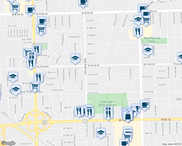 map of restaurants, bars, coffee shops, grocery stores, and more near 6752 West 91st Place in Oak Lawn