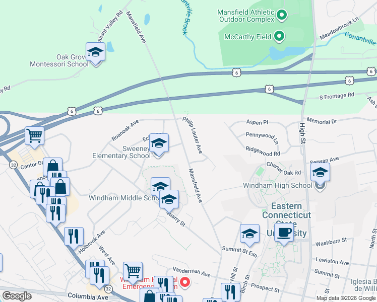 map of restaurants, bars, coffee shops, grocery stores, and more near 364 Mansfield Avenue in Windham