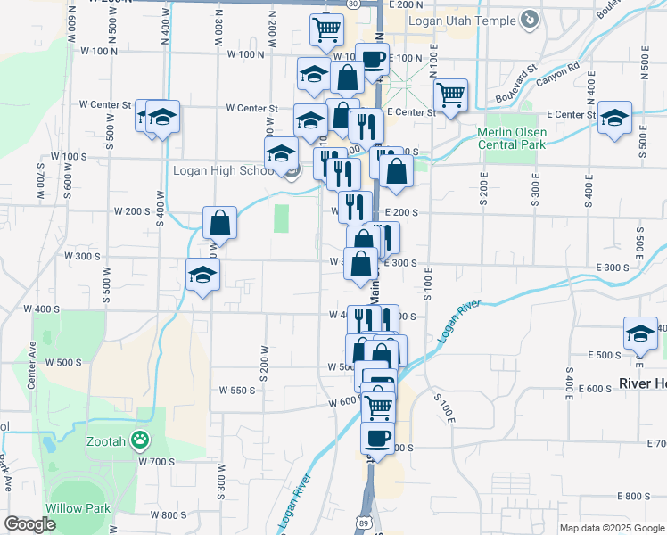 map of restaurants, bars, coffee shops, grocery stores, and more near 80 West 300 South in Logan
