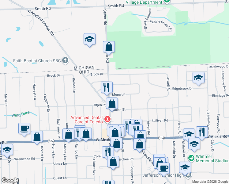 map of restaurants, bars, coffee shops, grocery stores, and more near 3258 Mona Lane in Toledo