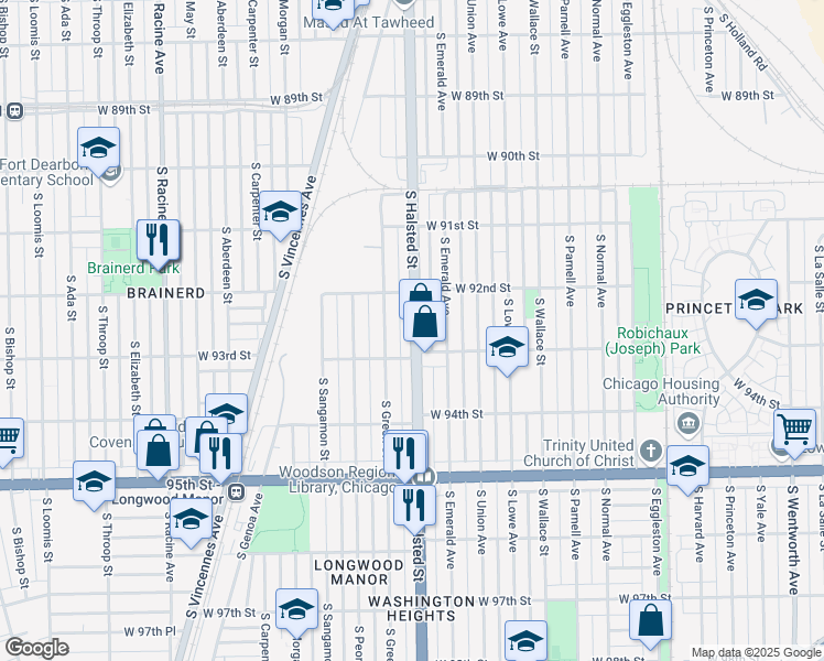 map of restaurants, bars, coffee shops, grocery stores, and more near 9246A South Halsted Street in Chicago