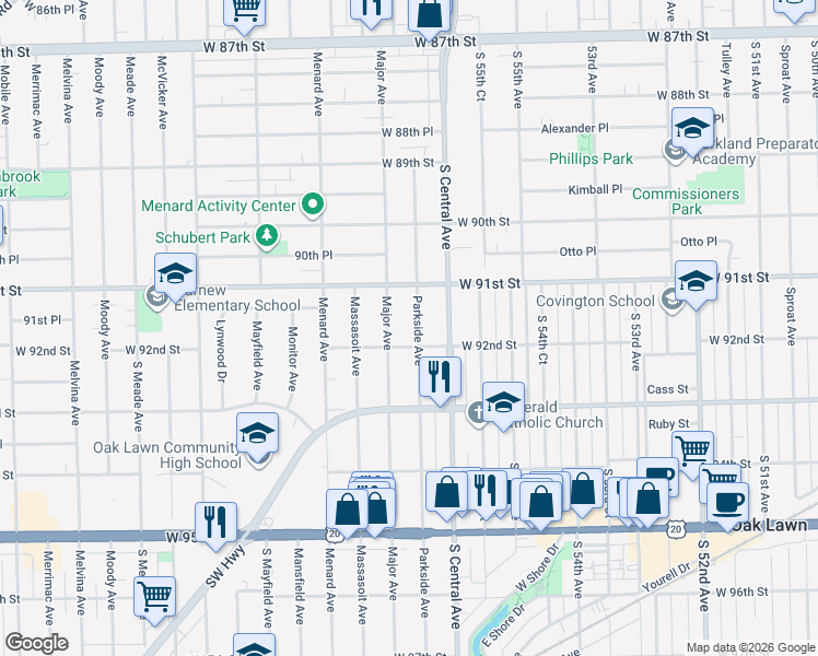 map of restaurants, bars, coffee shops, grocery stores, and more near 9140 Parkside Avenue in Oak Lawn