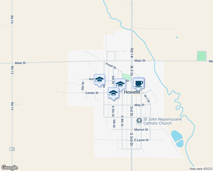 map of restaurants, bars, coffee shops, grocery stores, and more near 112-126 North 5th Street in Howells