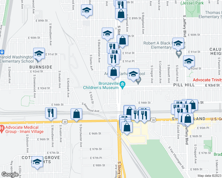 map of restaurants, bars, coffee shops, grocery stores, and more near 1555 East 93rd Street in Chicago