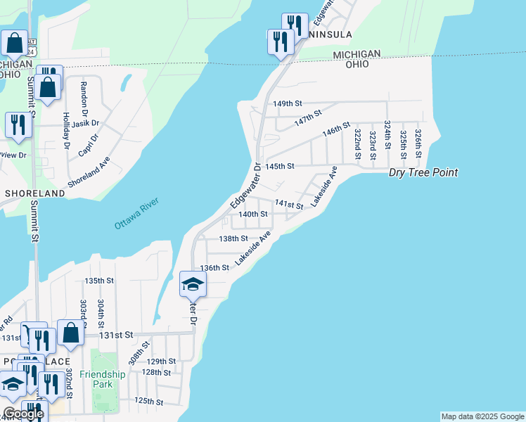 map of restaurants, bars, coffee shops, grocery stores, and more near 5855 316th Street in Toledo