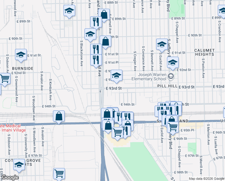 map of restaurants, bars, coffee shops, grocery stores, and more near 1633 East 93rd Street in Chicago