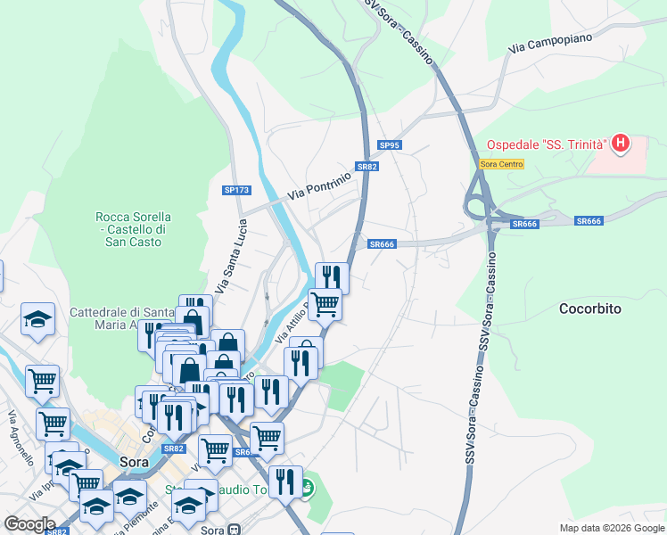 map of restaurants, bars, coffee shops, grocery stores, and more near 1323 Via Marsicana in Sora