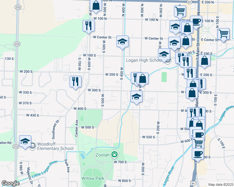 map of restaurants, bars, coffee shops, grocery stores, and more near 325 400 West in Logan