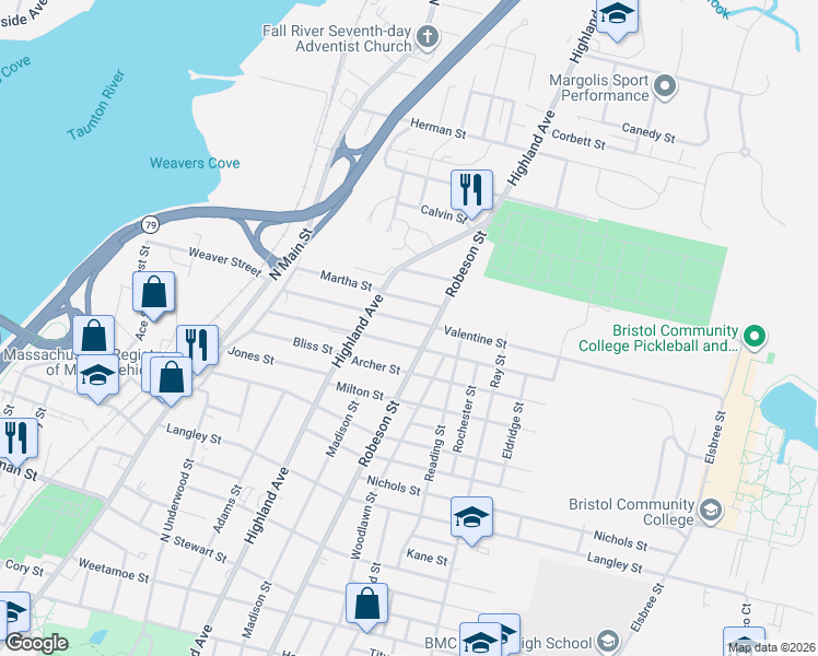 map of restaurants, bars, coffee shops, grocery stores, and more near 316 Montgomery Street in Fall River