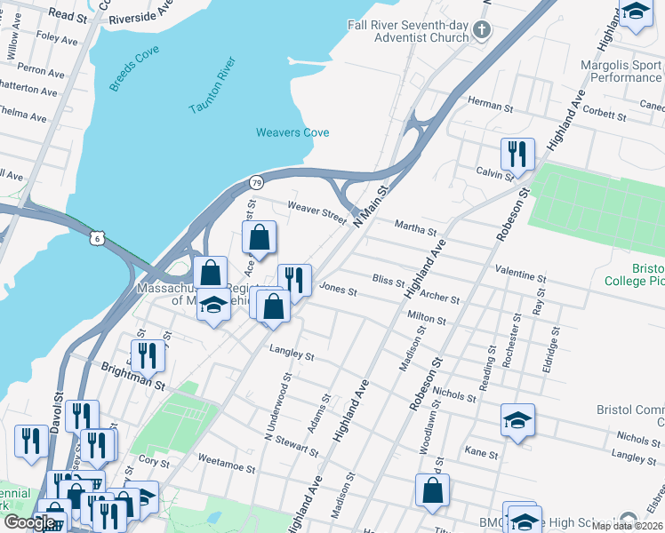 map of restaurants, bars, coffee shops, grocery stores, and more near 205 Crescent Street in Fall River