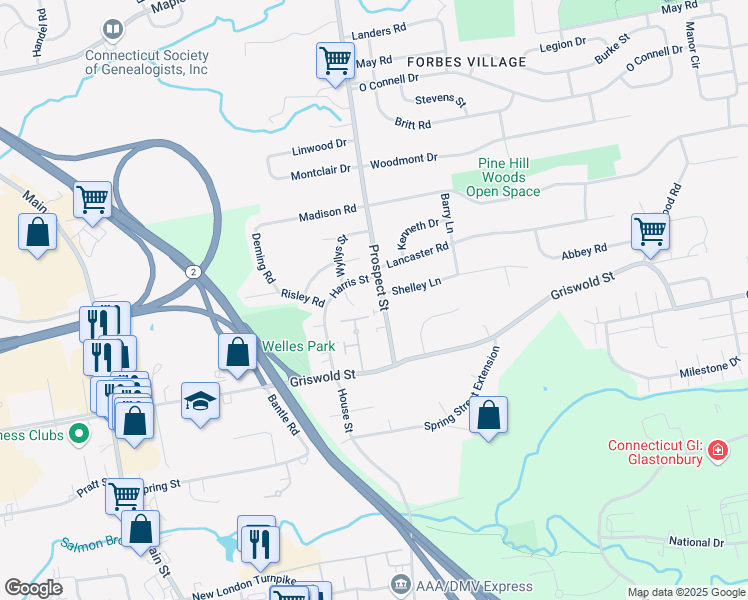 map of restaurants, bars, coffee shops, grocery stores, and more near 48 Prospect Street in Glastonbury