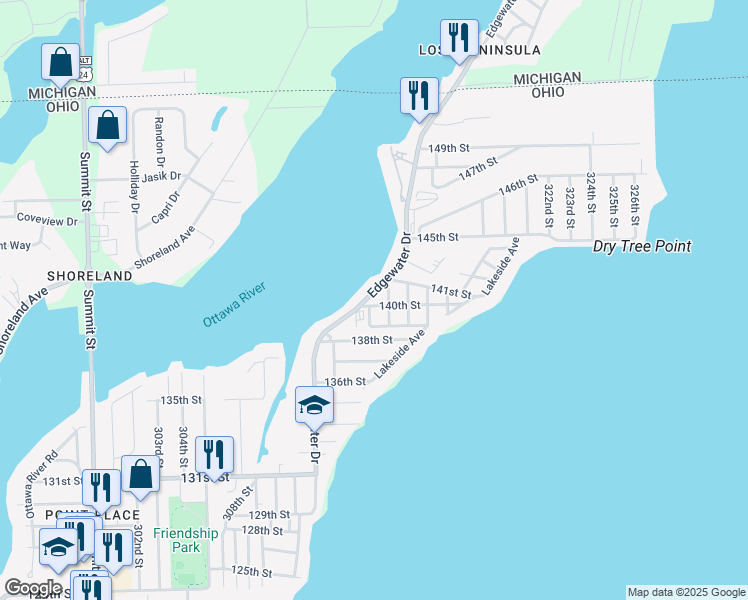 map of restaurants, bars, coffee shops, grocery stores, and more near 5836 314th Street in Toledo