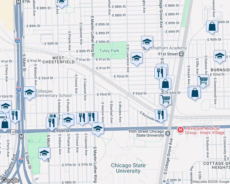 map of restaurants, bars, coffee shops, grocery stores, and more near 9300 South Eberhart Avenue in Chicago
