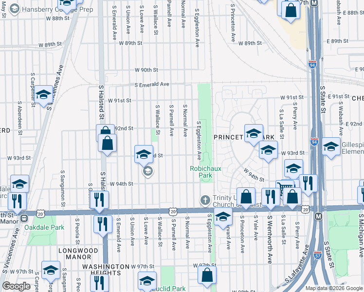 map of restaurants, bars, coffee shops, grocery stores, and more near 9251 South Normal Avenue in Chicago