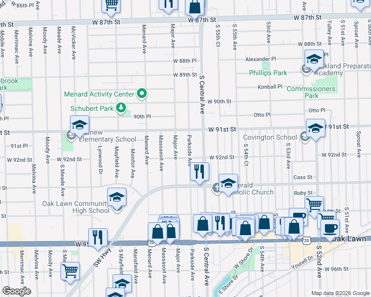 map of restaurants, bars, coffee shops, grocery stores, and more near 9140 Parkside Avenue in Oak Lawn