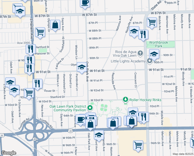 map of restaurants, bars, coffee shops, grocery stores, and more near 6752 West 91st Place in Oak Lawn