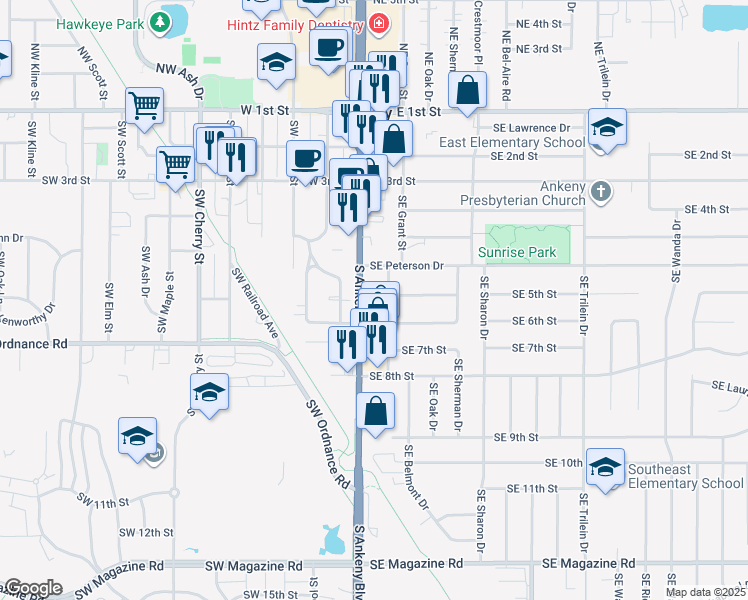 map of restaurants, bars, coffee shops, grocery stores, and more near 605 South Ankeny Boulevard in Ankeny