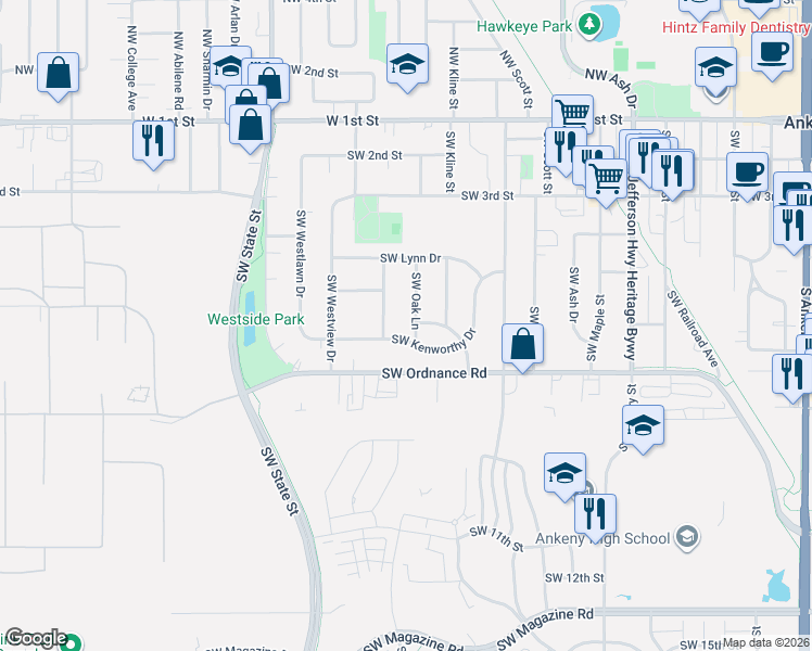 map of restaurants, bars, coffee shops, grocery stores, and more near 1222 Southwest Kenworthy Drive in Ankeny