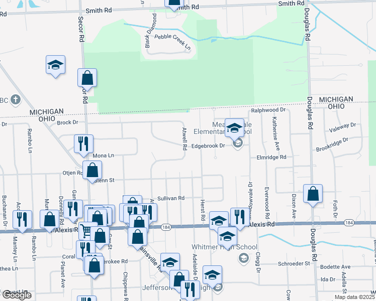 map of restaurants, bars, coffee shops, grocery stores, and more near 6098 Atwell Road in Toledo