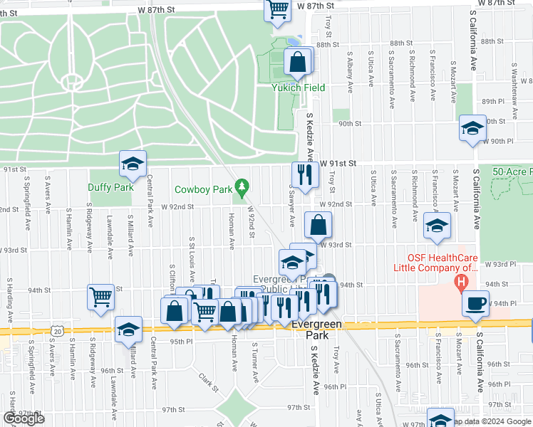 map of restaurants, bars, coffee shops, grocery stores, and more near 9216 South Spaulding Avenue in Evergreen Park