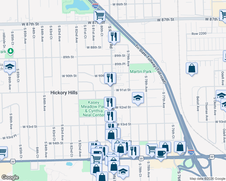 map of restaurants, bars, coffee shops, grocery stores, and more near South Roberts Road in Oak Lawn