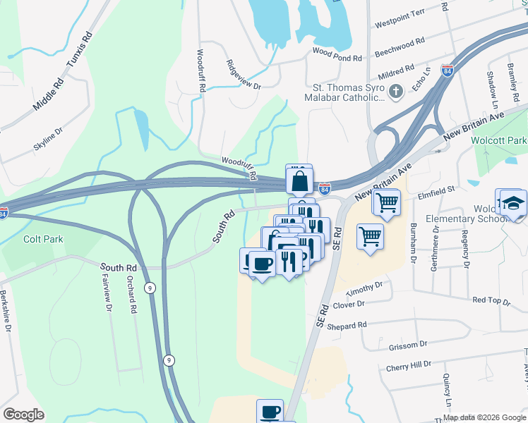 map of restaurants, bars, coffee shops, grocery stores, and more near 314 South Road in Farmington