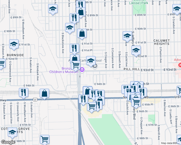map of restaurants, bars, coffee shops, grocery stores, and more near 9315 South Cornell Avenue in Chicago