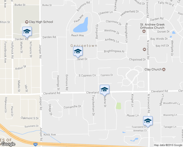map of restaurants, bars, coffee shops, grocery stores, and more near 18515 South Cypress Circle in South Bend