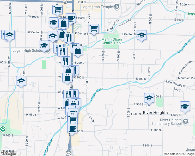 map of restaurants, bars, coffee shops, grocery stores, and more near 164 East 300 South in Logan