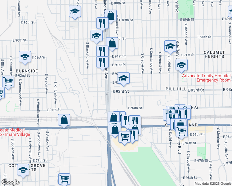 map of restaurants, bars, coffee shops, grocery stores, and more near 9300 South Cornell Avenue in Chicago