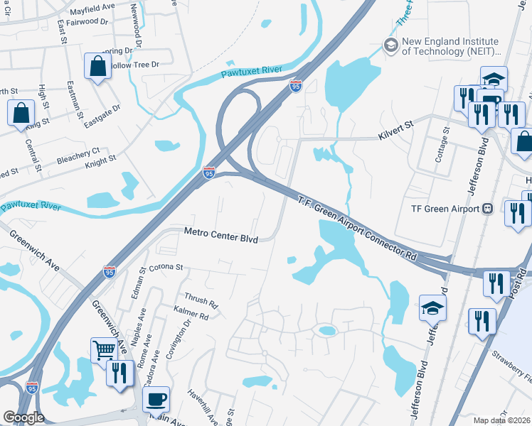 map of restaurants, bars, coffee shops, grocery stores, and more near 16 International Way in Warwick