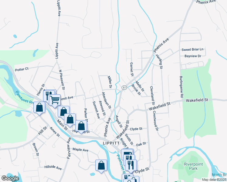 map of restaurants, bars, coffee shops, grocery stores, and more near 25 Woodbine Street in West Warwick