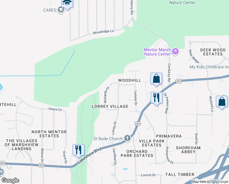 map of restaurants, bars, coffee shops, grocery stores, and more near 5342 Lorrey Place in Mentor