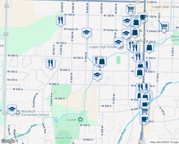 map of restaurants, bars, coffee shops, grocery stores, and more near West 370 South in Logan