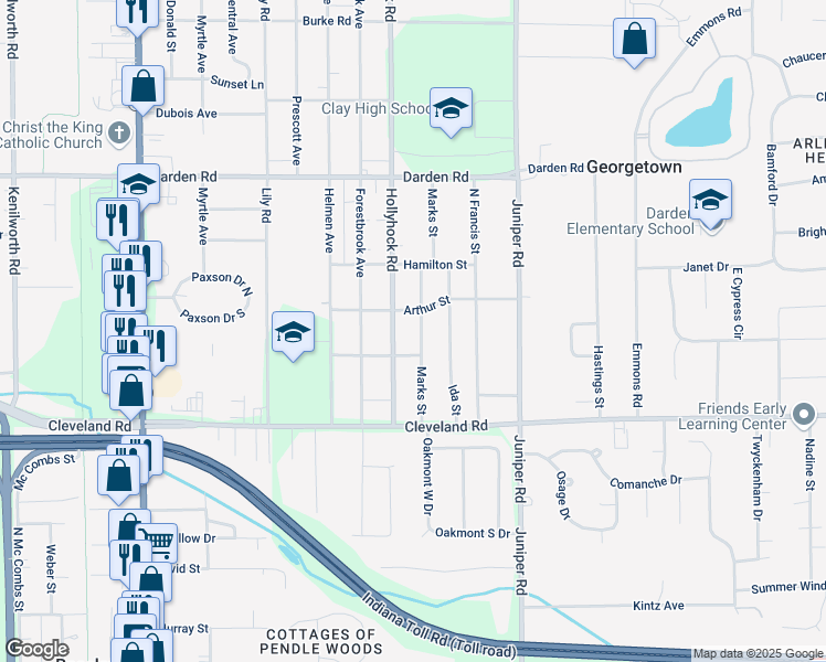 map of restaurants, bars, coffee shops, grocery stores, and more near 52882 Marks Street in South Bend