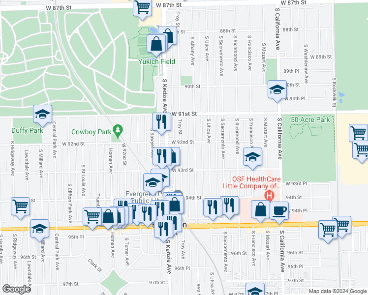 map of restaurants, bars, coffee shops, grocery stores, and more near 9209 South Troy Avenue in Evergreen Park