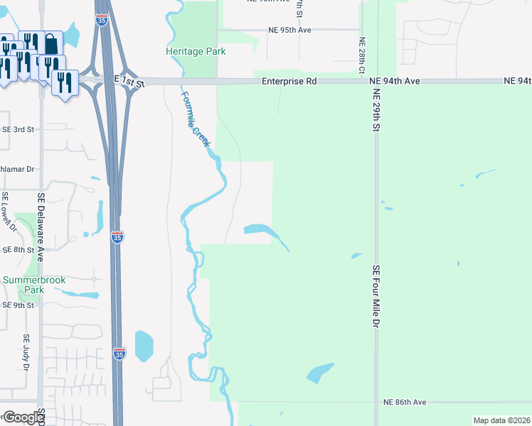 map of restaurants, bars, coffee shops, grocery stores, and more near 599 Southeast Frisk Drive in Ankeny