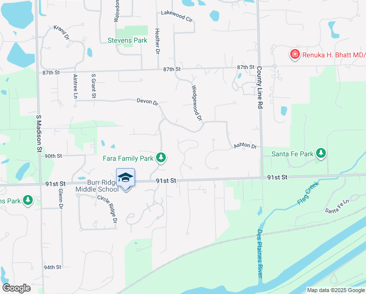 map of restaurants, bars, coffee shops, grocery stores, and more near 9001 Enclave Drive in Burr Ridge