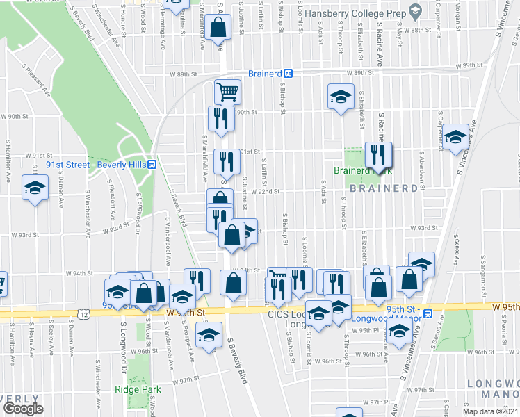 map of restaurants, bars, coffee shops, grocery stores, and more near 9241 South Laflin Street in Chicago