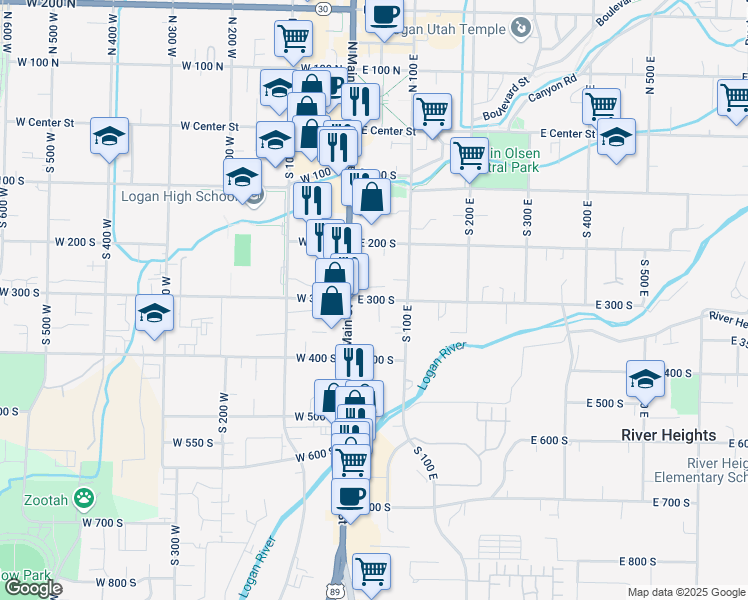 map of restaurants, bars, coffee shops, grocery stores, and more near 38 East 300 South in Logan