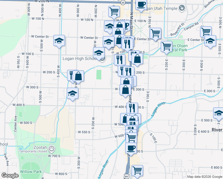 map of restaurants, bars, coffee shops, grocery stores, and more near 335 South 100 West in Logan