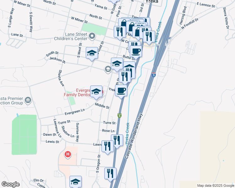 map of restaurants, bars, coffee shops, grocery stores, and more near 831-885 South Main Street in Yreka